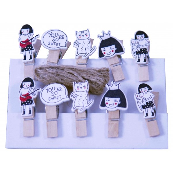 Accesorii creație Colorarte, lemn, cârlig fetiță/pisica, natur, 3.5cm, set 10 buc