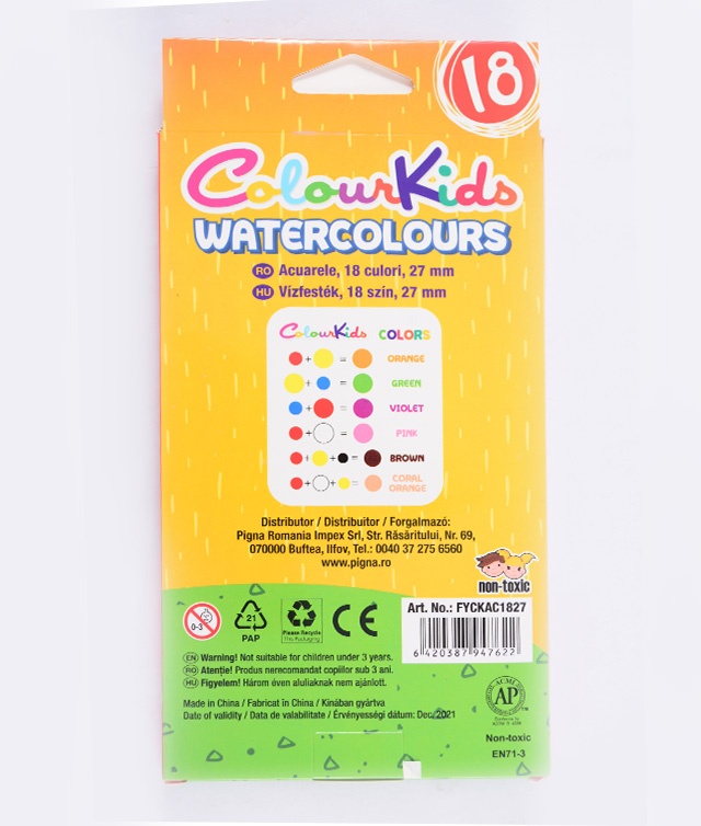 Acuarele 18 culori 28 mm cu pensula COLOUR KIDS - 1 | YEO