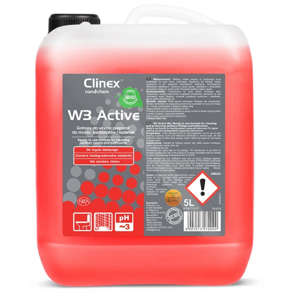 Detergent lichid pentru curățare toalete și băi Clinex W3 Active Bio, 5 litri