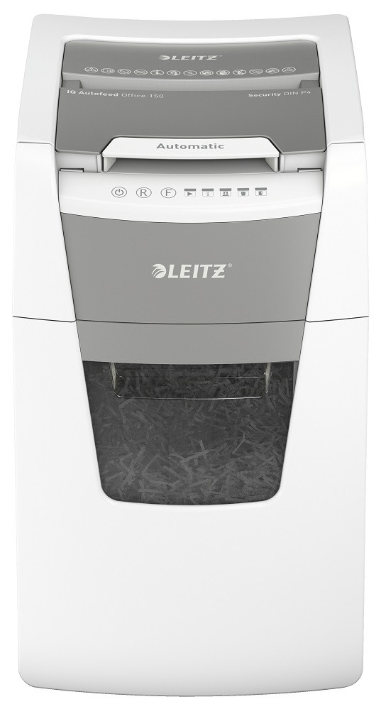 Distrugator documente automat LEITZ IQ Office, P4, cross-cut (confeti), 150 coli, cos 44l, alb-gri