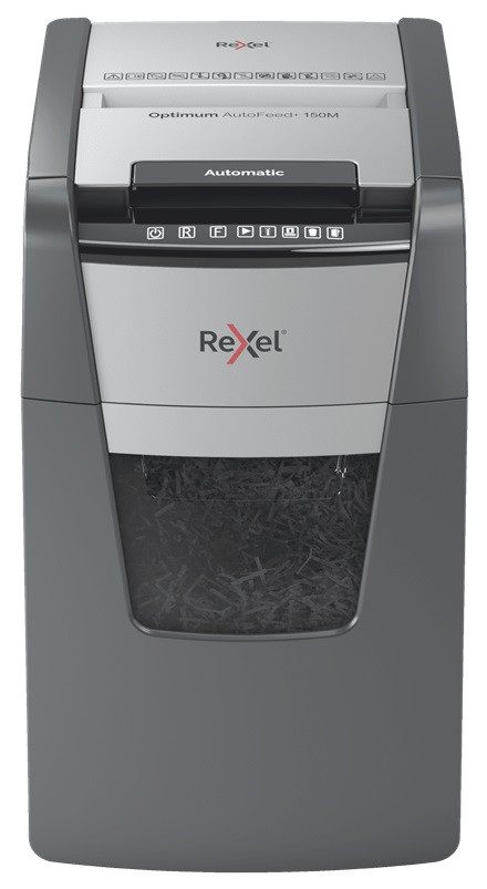 Distrugator documente automat REXEL OPTIMUM 150M, P5, micro-cut (particule), 150 coli, cos 44l, negr