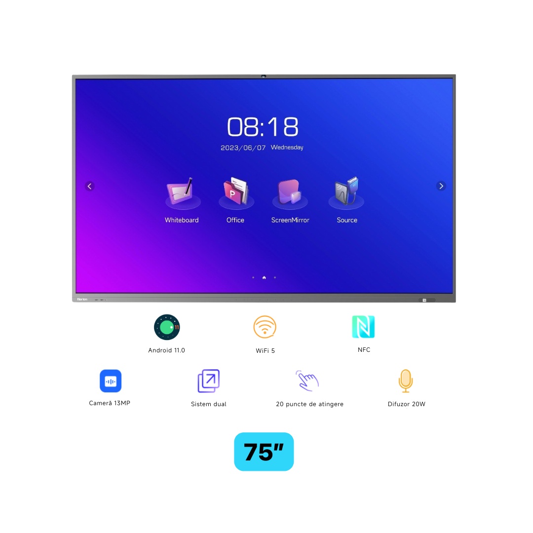Ecran interactiv Horion 75M5APro, 75 inch, 8GB DDR4 + 64GB Standard, MT9950, ARM A73