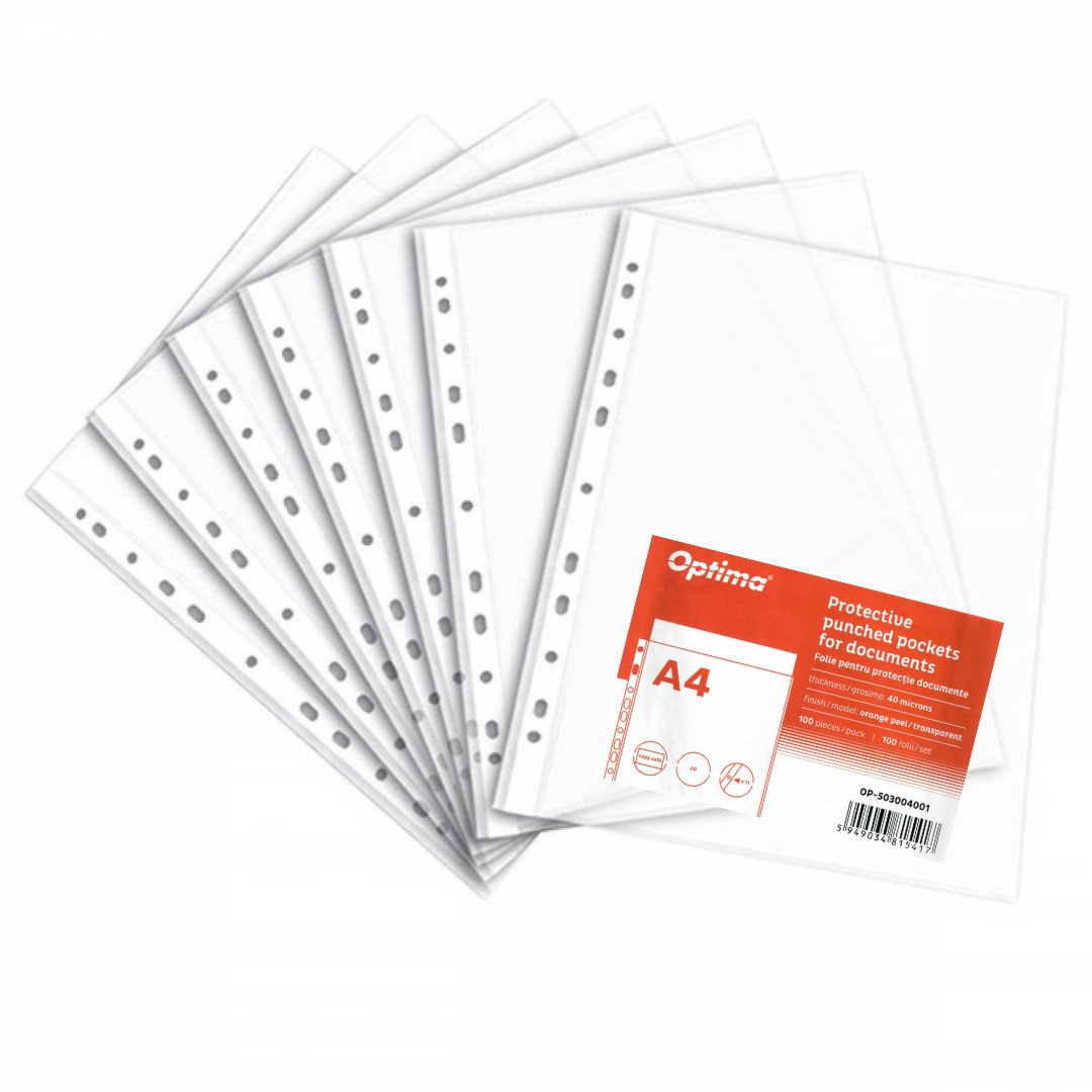 File protecție pentru documente A4 Optima - transparent, 40 microni, 100 folii/set