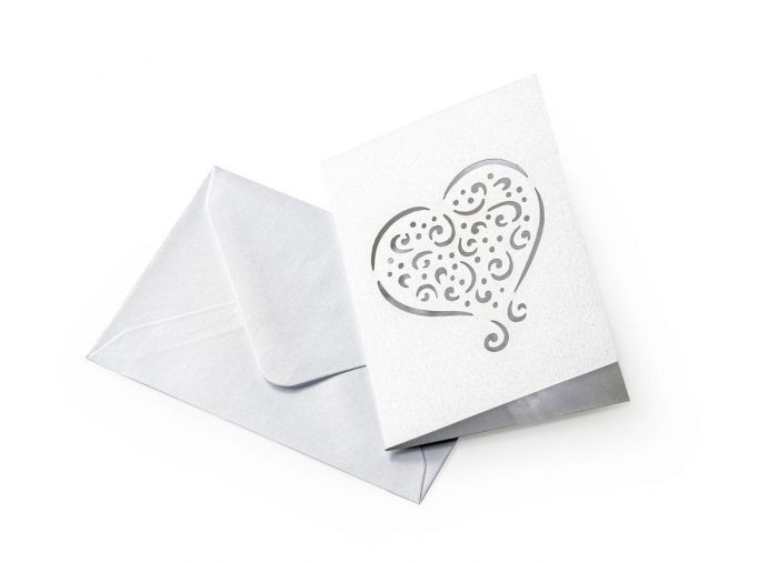 Plic alb + card pliat, inimă, gumat, 70x100mm, Pearl - PREȚ PER BUCATĂ!