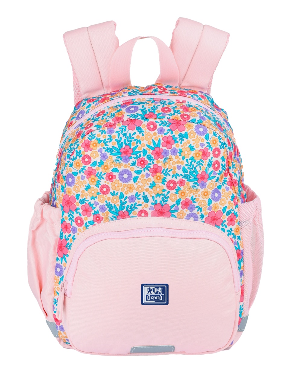 Rucsac grădiniță Oxford Flowers, 1 compartiment, 23 x 31 x 12 cm, compatibil format A4, buzunar frontal cu fermoar, buzunare laterale cu elastic, bareta torace reglabilă, mâner, etichetă nume, cutie snack izotermă, poliester reciclat, culoare roz