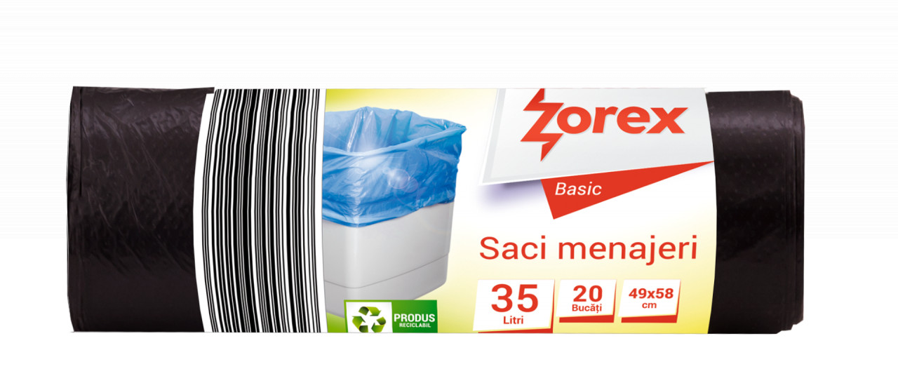 Saci menajeri Zorex Basic, 35L, negru, 20 buc/rola