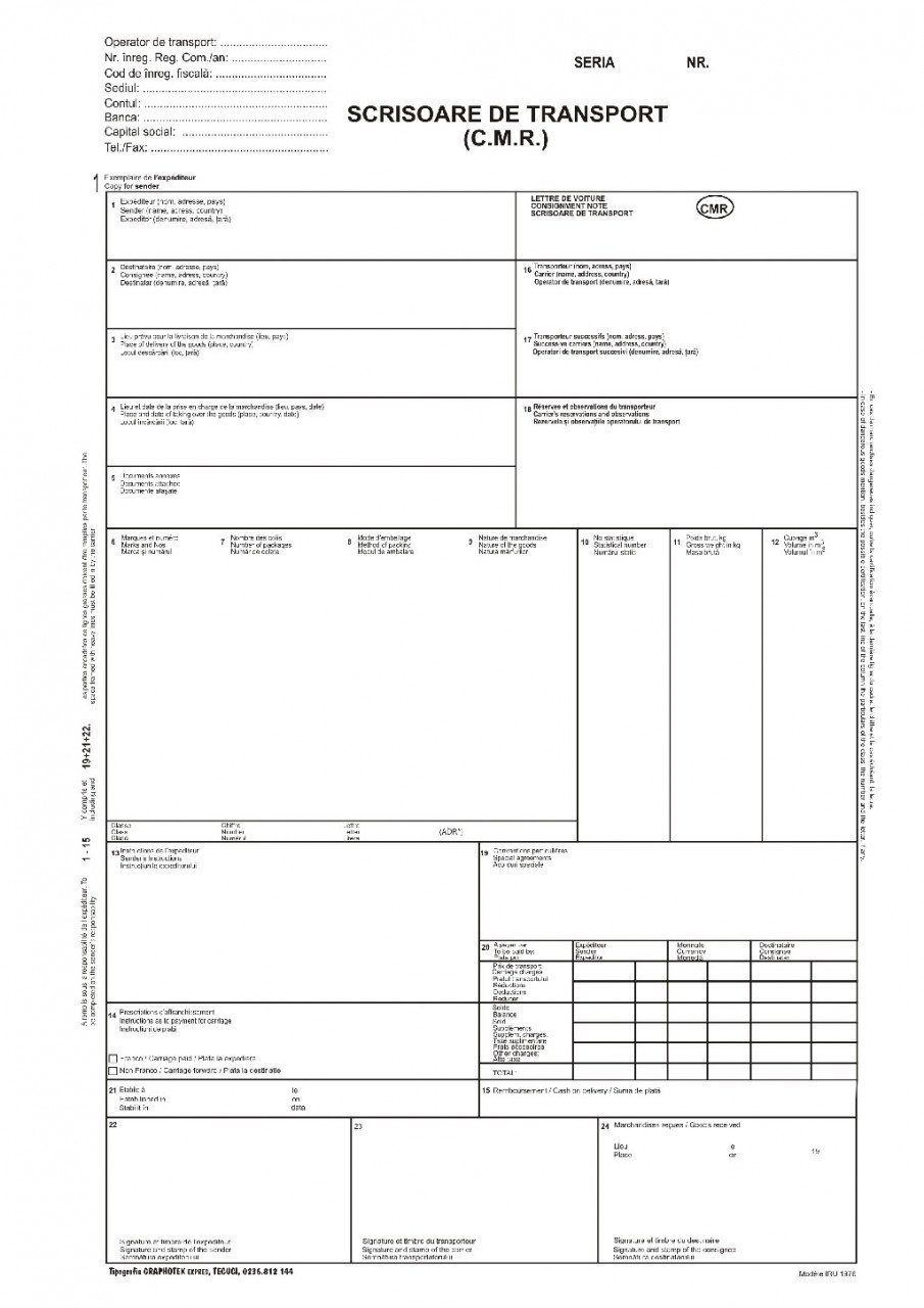 Scrisoare de transport intern (CMR) A4, hârtie autocopiativă, 3 exemplare/set, 30 seturi, 90 file RQ