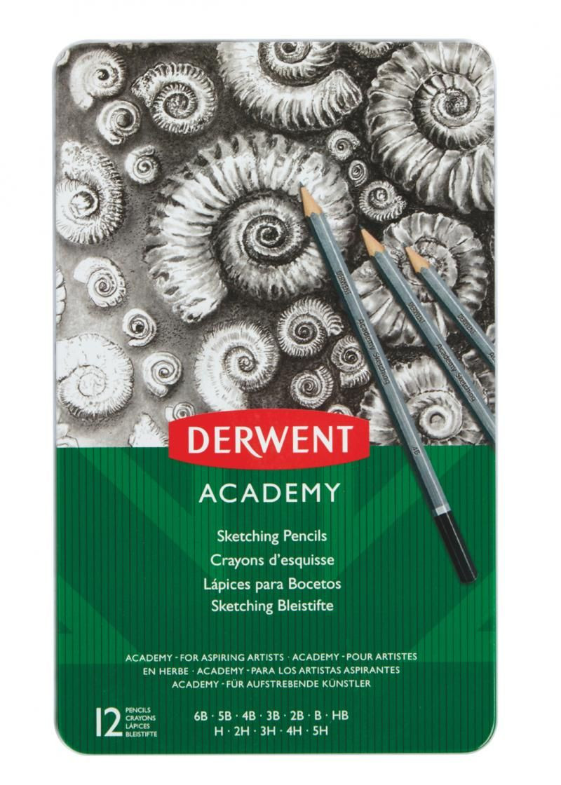 Set creioane grafit Derwent academy 6b-5h, cutie metal, 12 buc