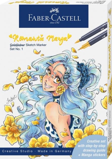 Set Faber-castell Romantic manga no.1, 8 bucati, sketch markere goldfaber + 2 pitt artist pen + creion grafit