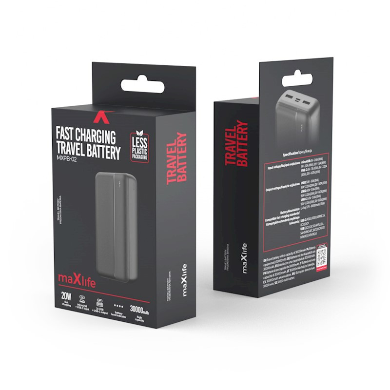 Acumulator extern Maxlife, MXPB-02 PD QC 20W, 30000 mAh, Negru