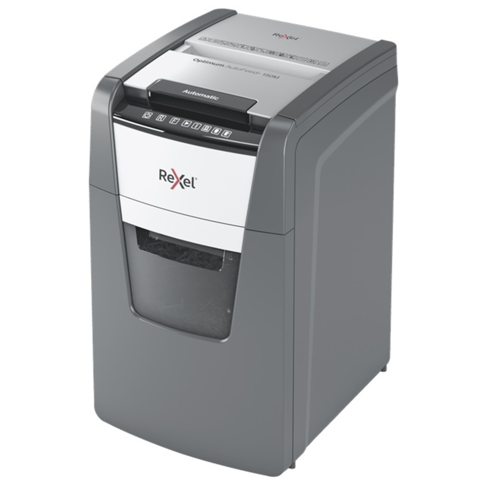 Distrugator de documente automat REXEL OPTIMUM 150M, P5, micro-cut (particule), 150 coli, cos 44l, negru
