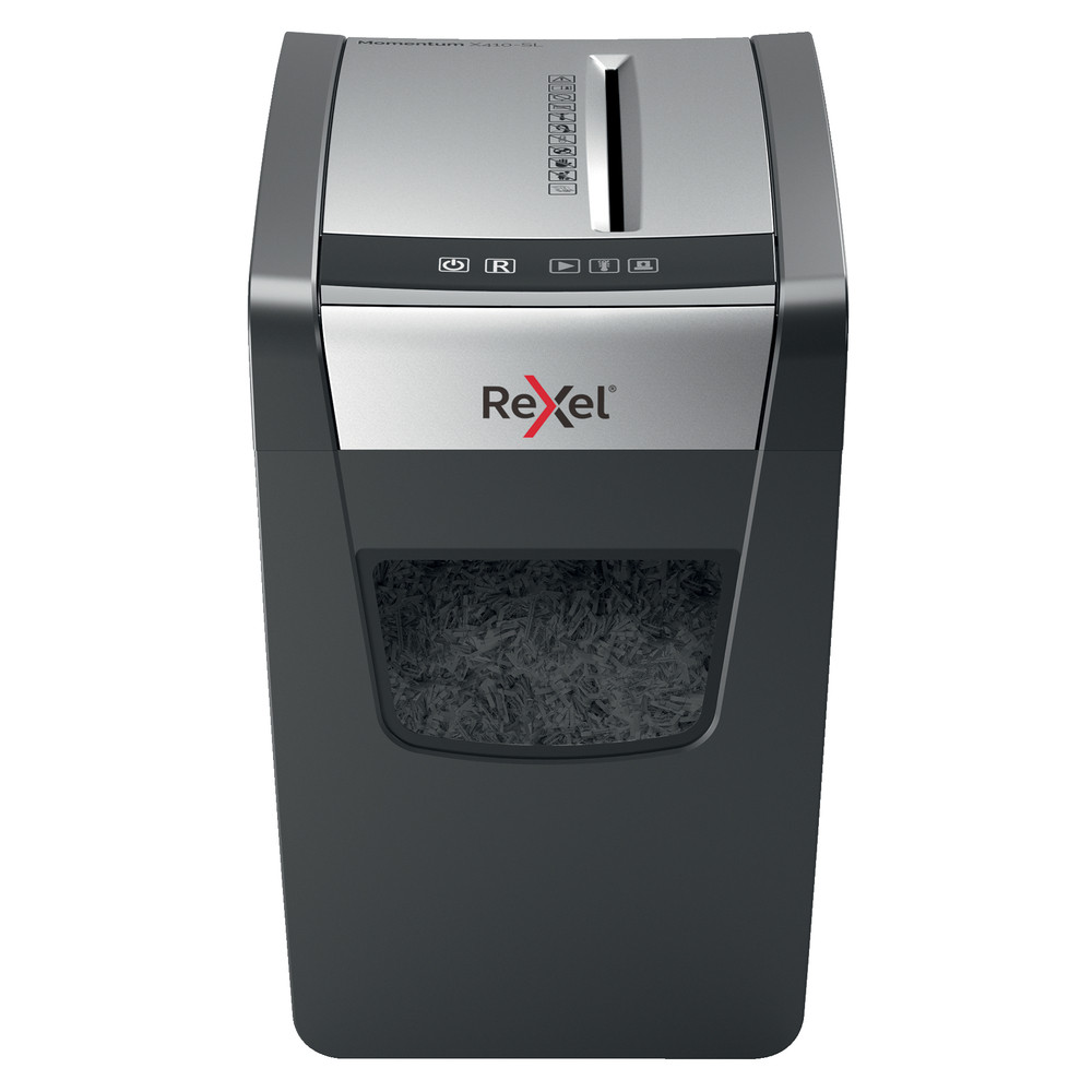 Distrugător de documente REXEL MOMENTUM subțire X410-SL, 10 coli, P4, cross-cut (confeti)