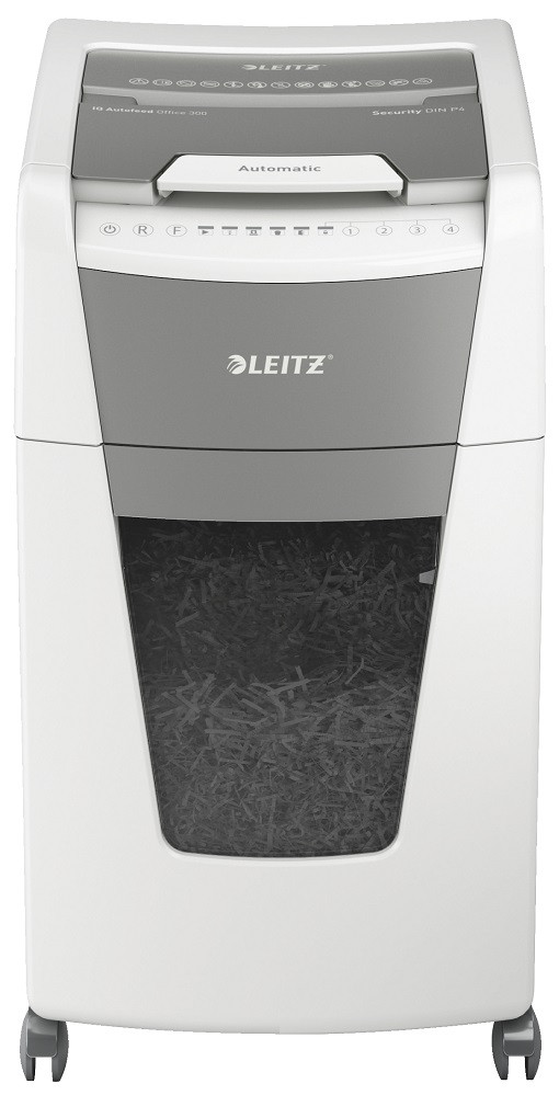 Distrugator documente automat LEITZ IQ Office, P4, cross-cut (confeti), 300 coli, cos 60l, alb-gri