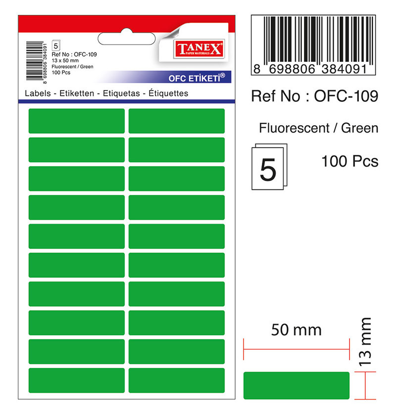Etichete autoadezive color Tanex - verde fluorescent, 13 x 50 mm, 100 buc/set