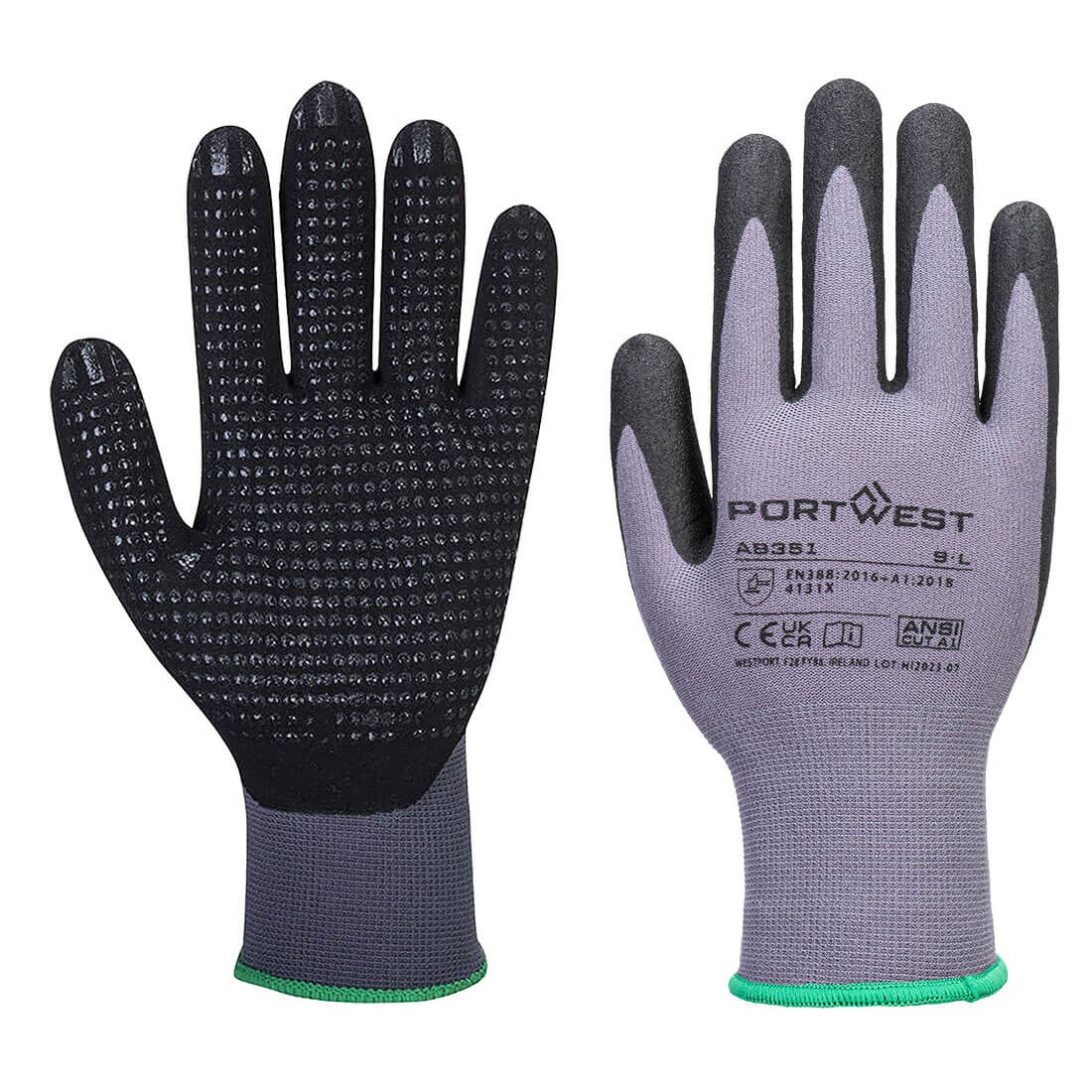 Mănuși de protecție Portwest AB351 DERMIFLEX ESSENTIAL, impregnate în nitril, Gri/Negru (Set 12 perechi)