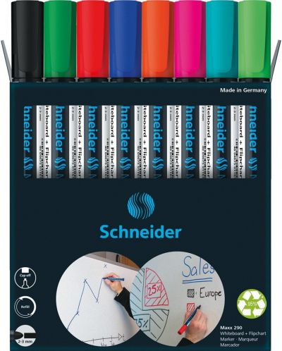 Marker Schneider Maxx290 pentru tabla de scris flipchart varf rotund 2-3mm, 4 cul/set - (N,R,A,V)