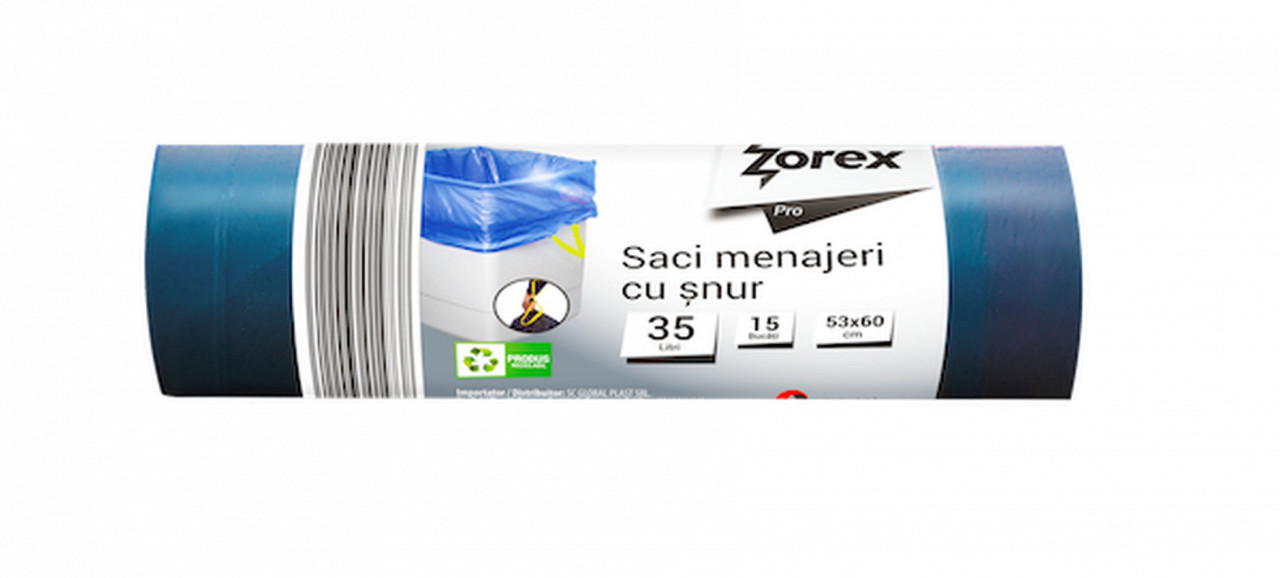 Saci menajeri cu șnur Zorex Pro, 35L, albastru, 15 buc/rola