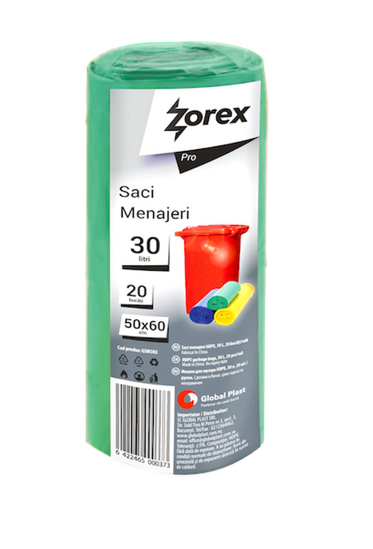 Saci menajeri Zorex Pro, 30L, verde, 20 buc/rola