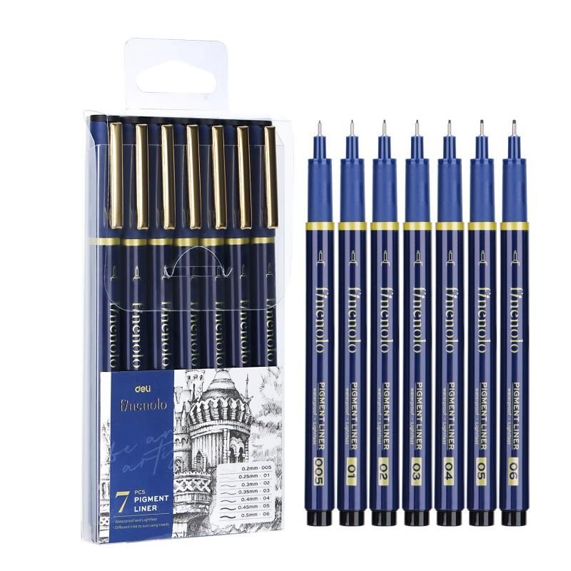Set 7 buc liner grafic Deli (0.2, 0.25, 0.3, 0.35,0.4, 0.45, 0.5mm)