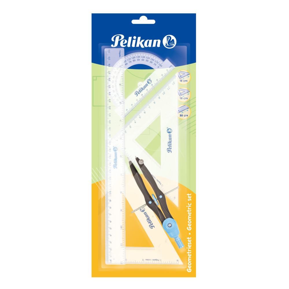 Set geometrie 5 piese (compas, rigla, raportor, 2 echere) pelikan