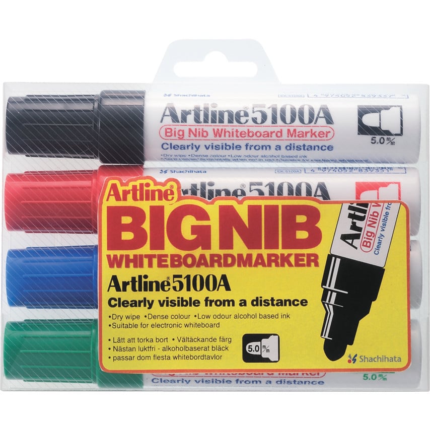 Set markere pentru tablă de scris Artline 5100A, corp metalic, vârf rotund 5.0mm, 4 culori/set