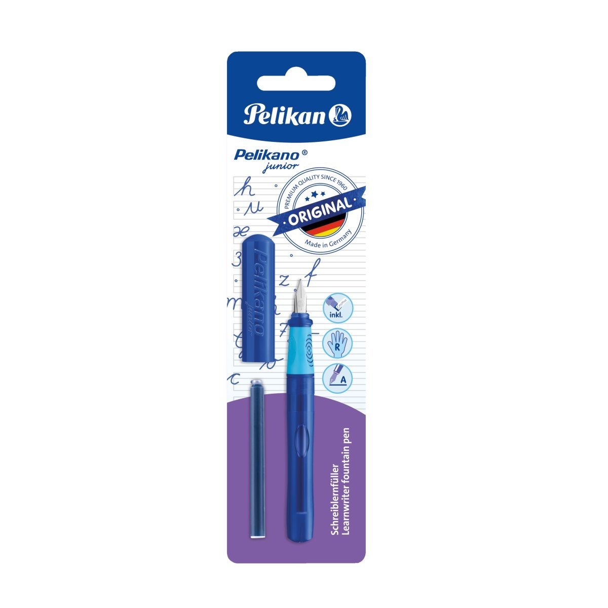 STILOU PELIKANO JUNIOR, PENITA A, GRIP ERGONOMIC, PENTRU DREPTACI, 1 PATRON MARE ALBASTRU INCLUS, CULORI ASORTATE ROZ/TURCOAZ/ANTRACIT/ALBASTRU, BLISTER - 2 | YEO