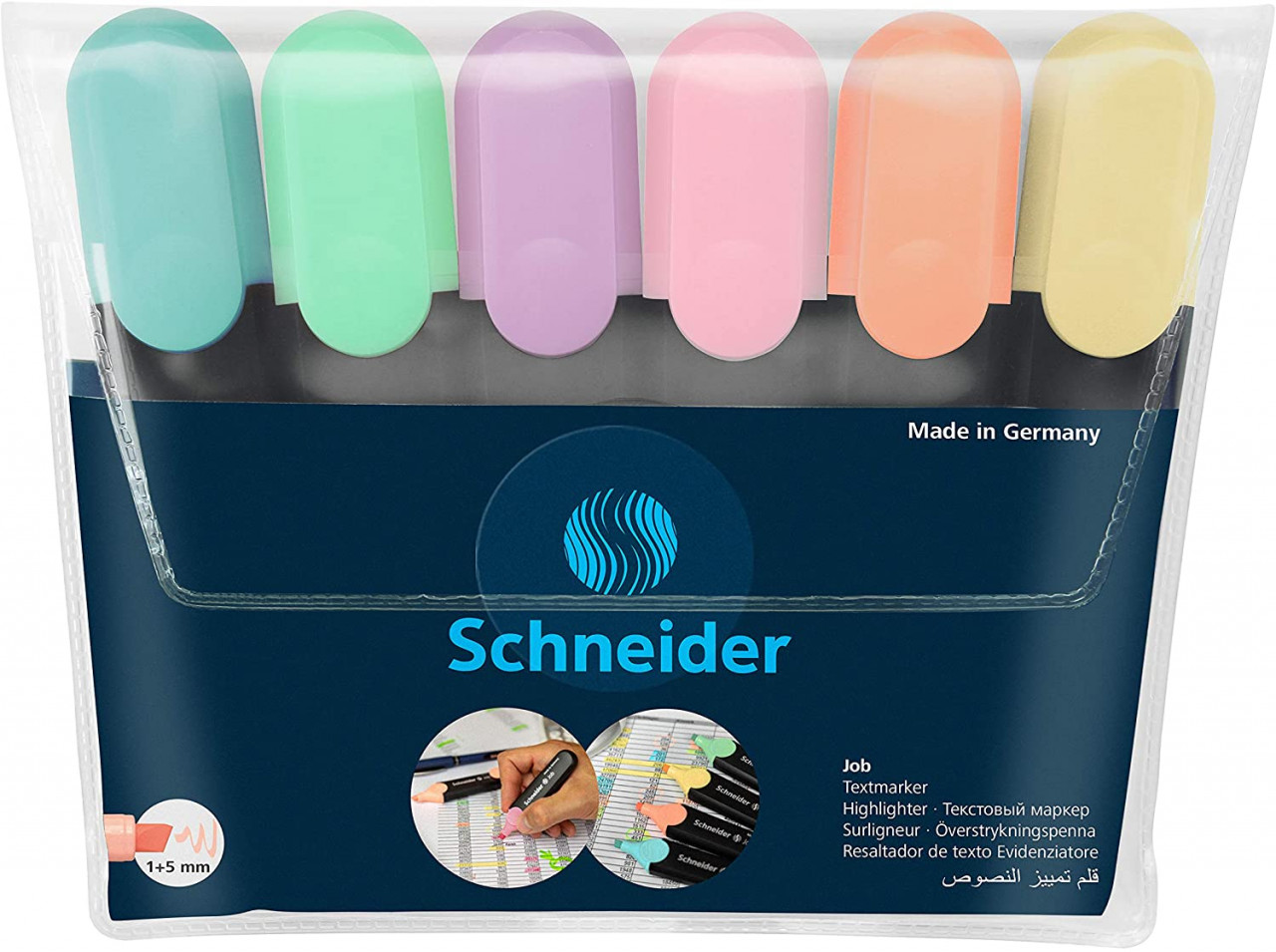 Textmarker Schneider Job Pastel, vârf lat, 6 culori/set -(turcoaz, mentă, lavandă, roze, piersică, verde)