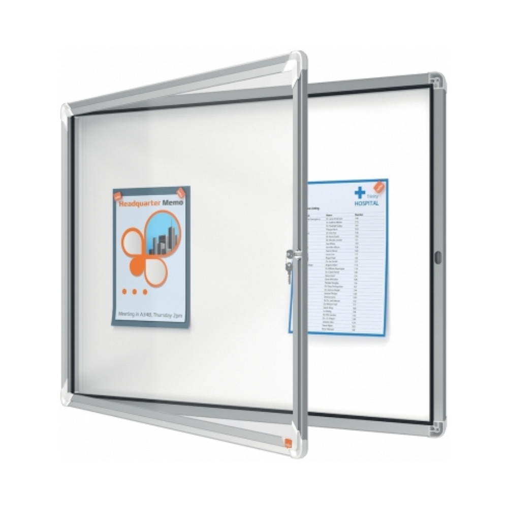 Avizier magnetic NOBO Premium Plus, interior, otel emailat, 8xA4, cu usa si cheie, alb