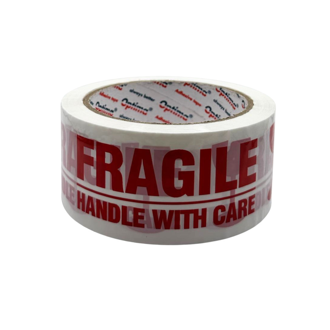 Bandă adezivă Optima Fragile - albă cu imprimare roșie, pentru ambalare, 48mm x 60 m, 50 microni