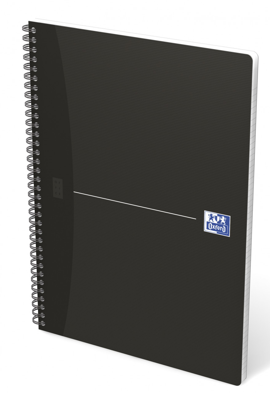Caiet cu spirala A4, OXFORD Office Essentials, 90 file-90g/mp, Scribzee, 4 perf., mate - negru
