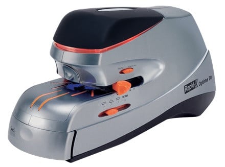 Capsator electric Rapid OPTIMA, cu adaptor, 70 coli, cutie, 500 capse Optima HD70 incluse, argintiu
