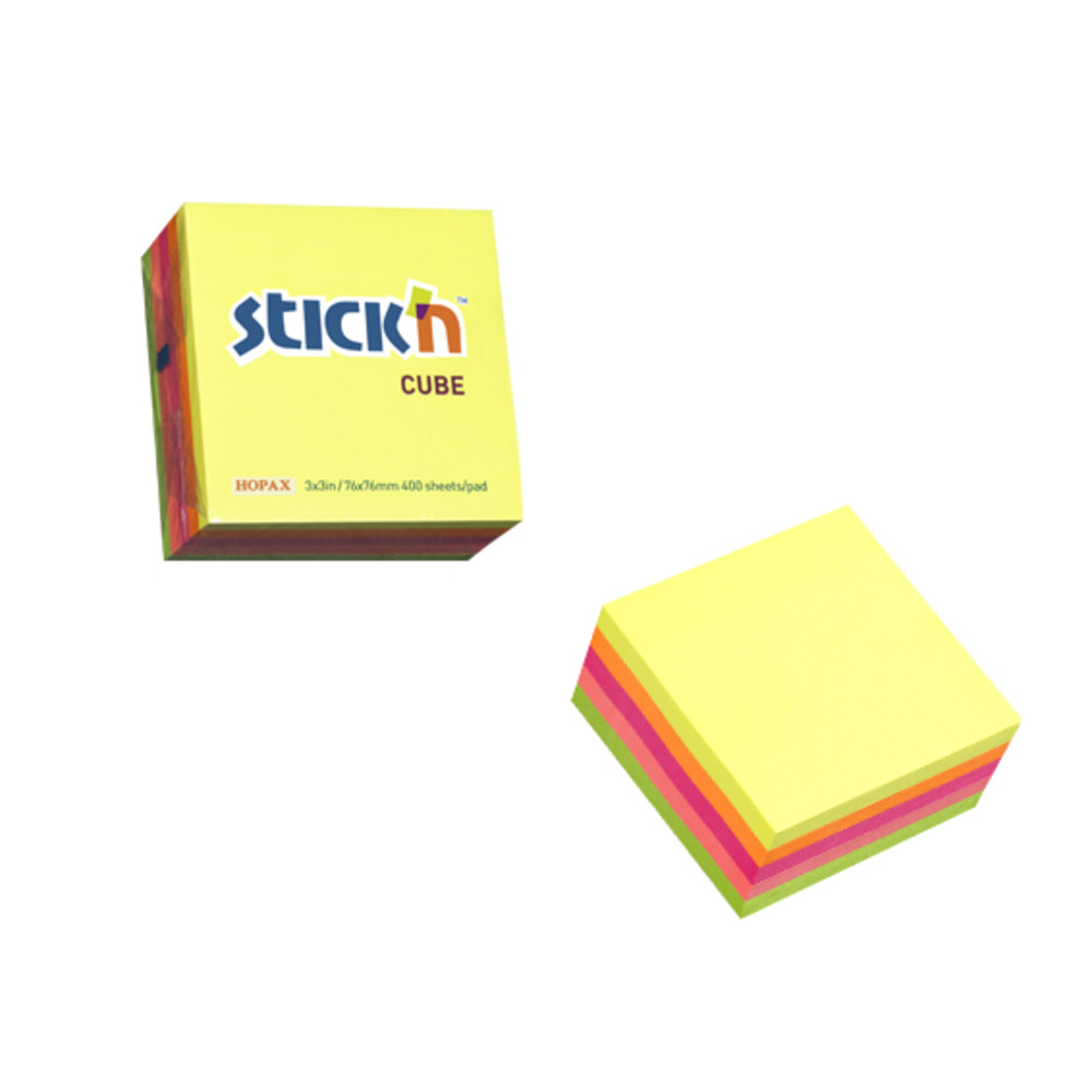 Cub notes autoadeziv in 5 culori fluorescente 76 x 76 mm, 400 file, Stick