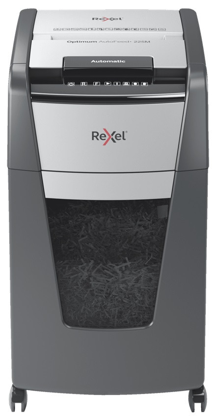 Distrugator documente automat REXEL OPTIMUM 225M, P5, micro-cut (particule), 225 coli, cos 60l, negr