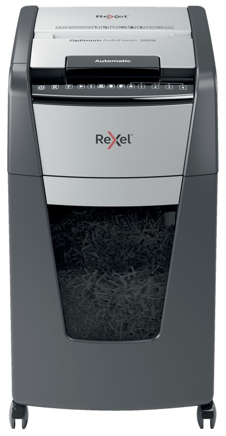 Distrugator documente automat REXEL OPTIMUM 300X, P4, cross-cut (confeti), 300 coli, cos 60l, negru-