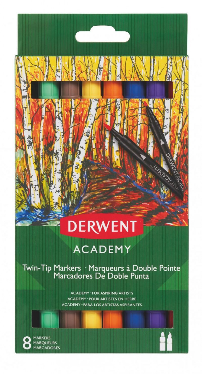 Set markere 2 capete Derwent academy, vârf pensulă, 8 buc/set