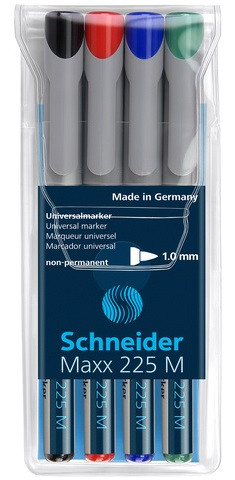 Set markere universale non-permanente Schneider Maxx 225 M, vârf 1mm, 4 culori/set - (N, R, A, V)