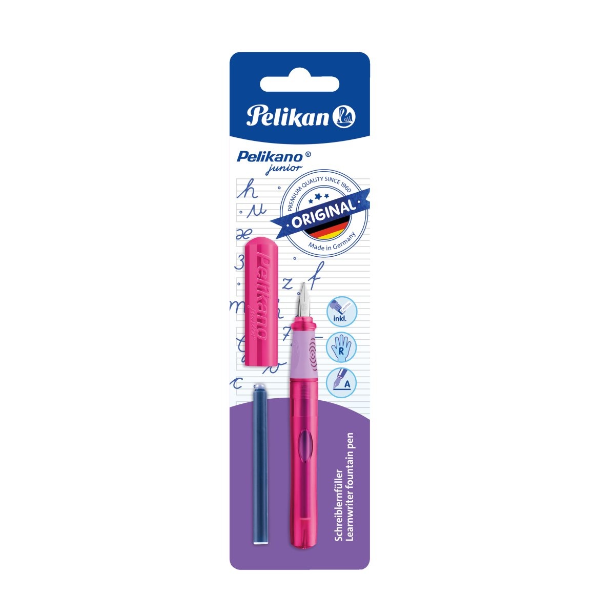 STILOU PELIKANO JUNIOR, PENITA A, GRIP ERGONOMIC, PENTRU DREPTACI, 1 PATRON MARE ALBASTRU INCLUS, CULORI ASORTATE ROZ/TURCOAZ/ANTRACIT/ALBASTRU, BLISTER - 3 | YEO