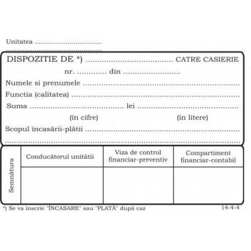 Dispoziție plată/încasare casierie offset A6, 55 g/mp, 100 file RQ