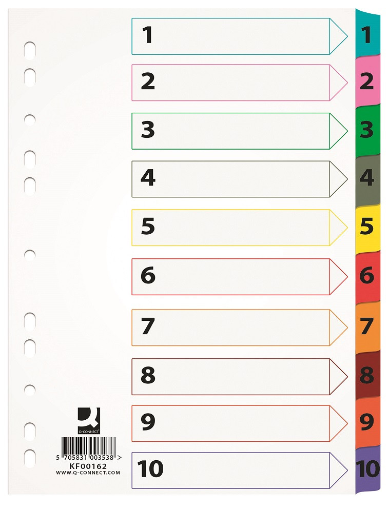 Index carton Q-Connect A4 numerotat 1-10 alb margine color 170g/mp