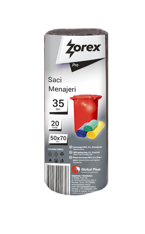 Saci menajeri Zorex Pro, 35L, negru, 20 buc/rola