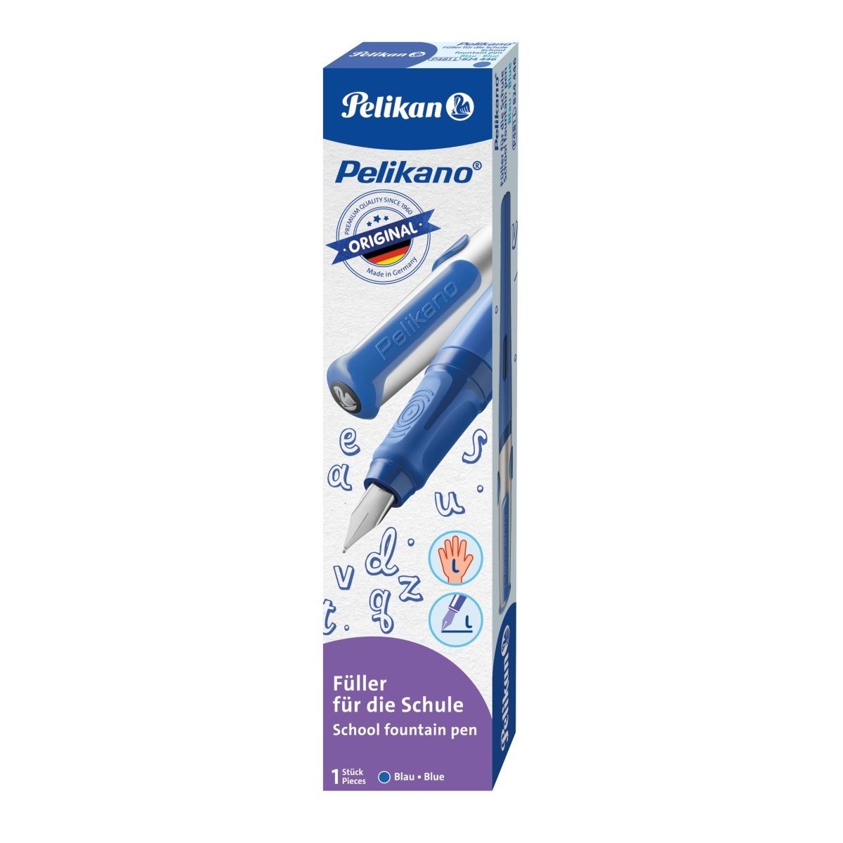 Stilou Pelikano, penița L, grip ergonomic, pentru stângaci, 1 patron mare albastru inclus, în cutie de carton
