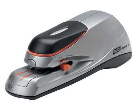 Capsator electric Rapid OPTIMA, cu adaptor, 20 coli, cutie, 1000 capse Optima 56 incluse, argintiu