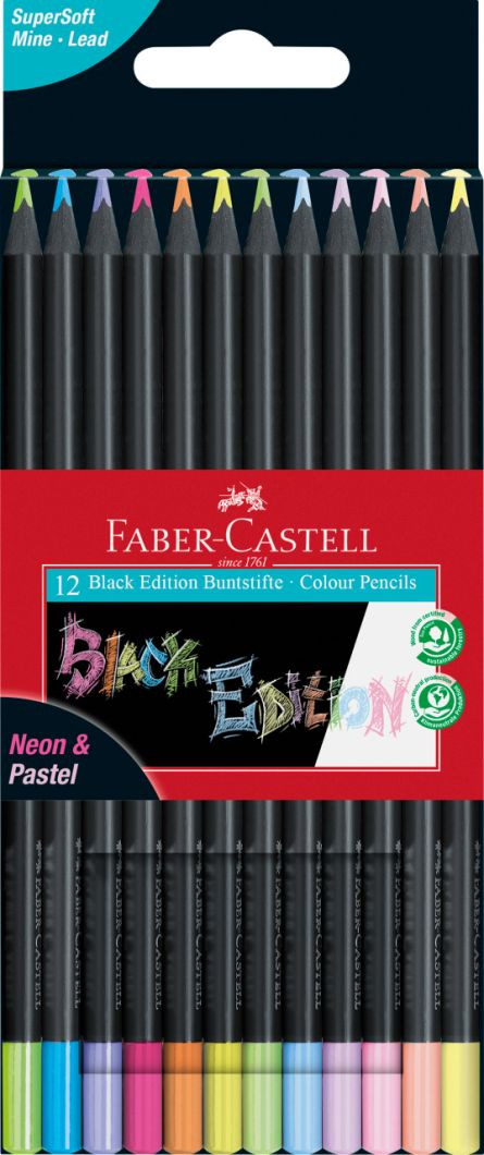 Creioane colorate, 12 culori pastel + neon, Black edition, Faber-castell