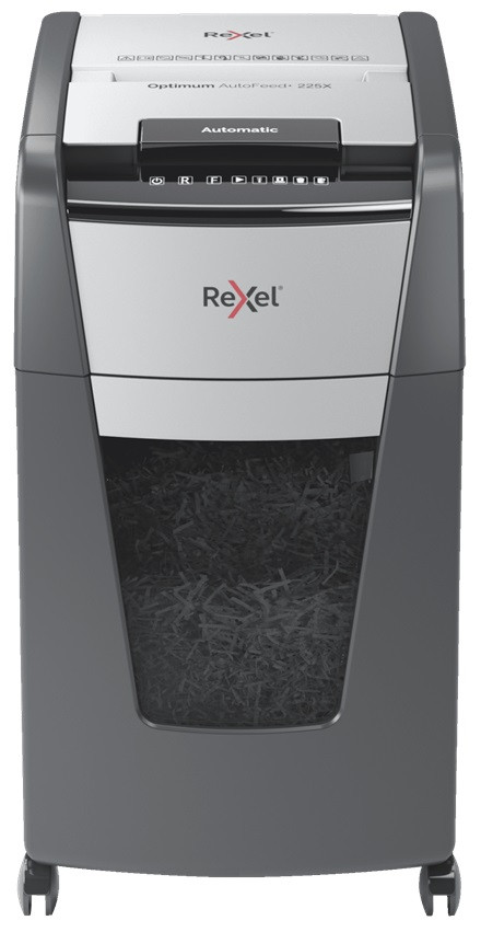 Distrugator documente automat REXEL OPTIMUM 225X, P4, cross-cut (confeti), 225 coli, cos 60l, negru-