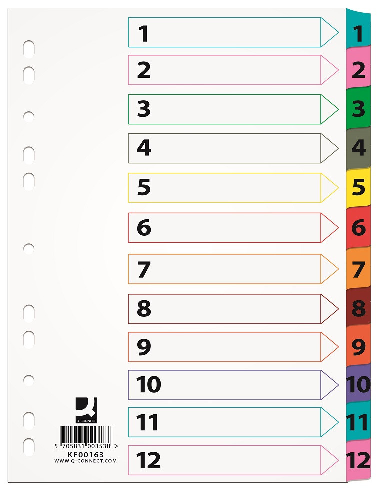 Index carton Q-Connect A4 numerotat 1-12 alb margine color 170g/mp