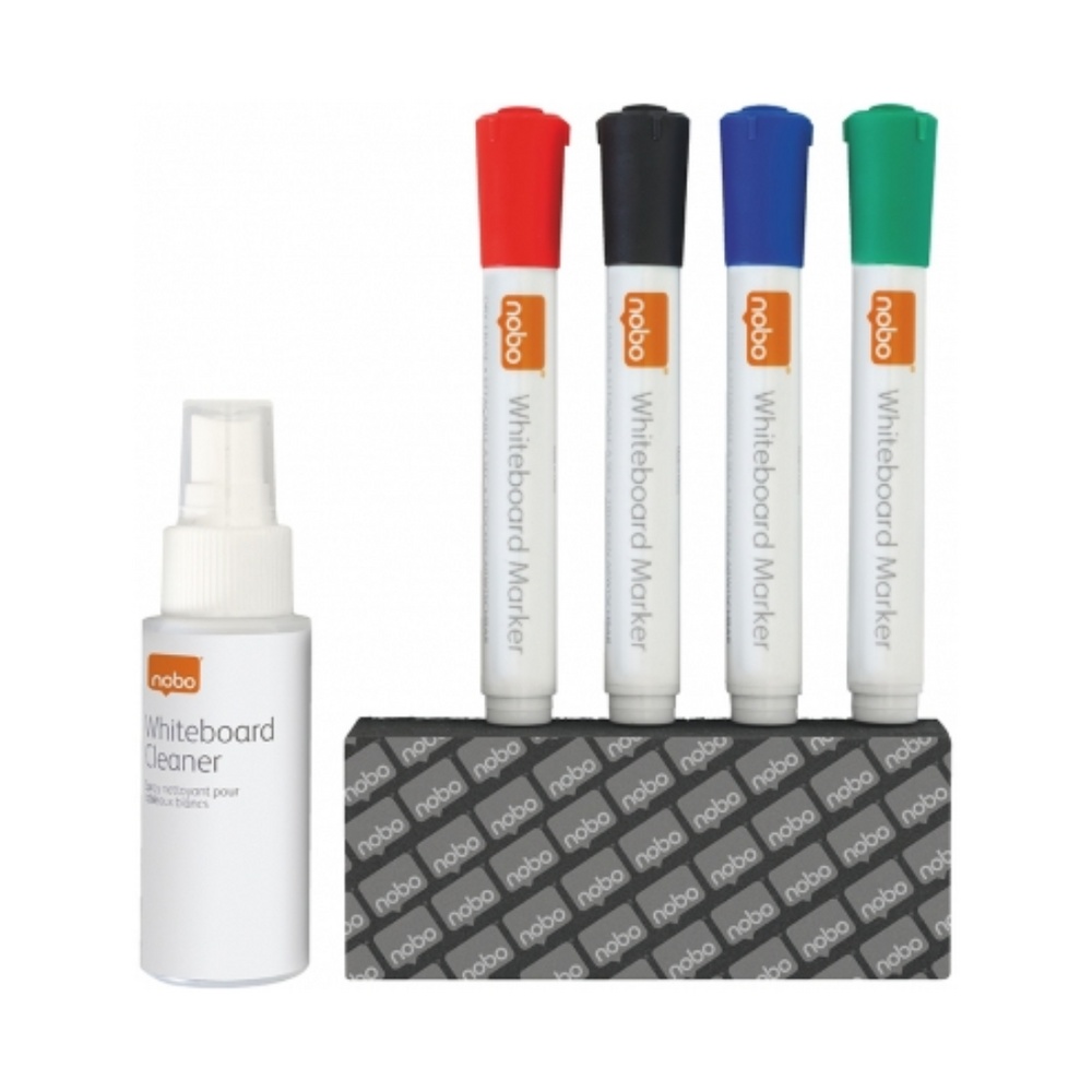 Kit pentru tablă, 4 markere diverse culori, burete magnetic, spray curățare 50 ml, NOBO
