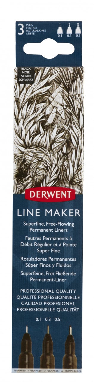 Liner DERWENT Professional, 3 dimensiuni, varf subtire si uscare rapida, 3 buc/set, negru