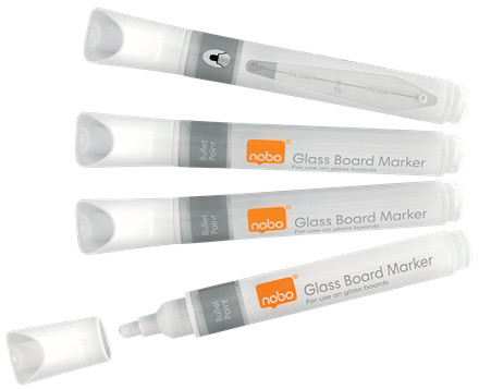 Marker pentru table și flipcharturi din sticlă, vârf rotund 3 mm, standard, 4 buc/cutie, alb, NOBO