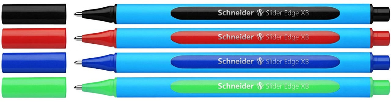Pix fără mecanism Schneider Slider Edge XB, rubber grip, varf 1.4mm, 4 culori/set - (N,R,A,V)