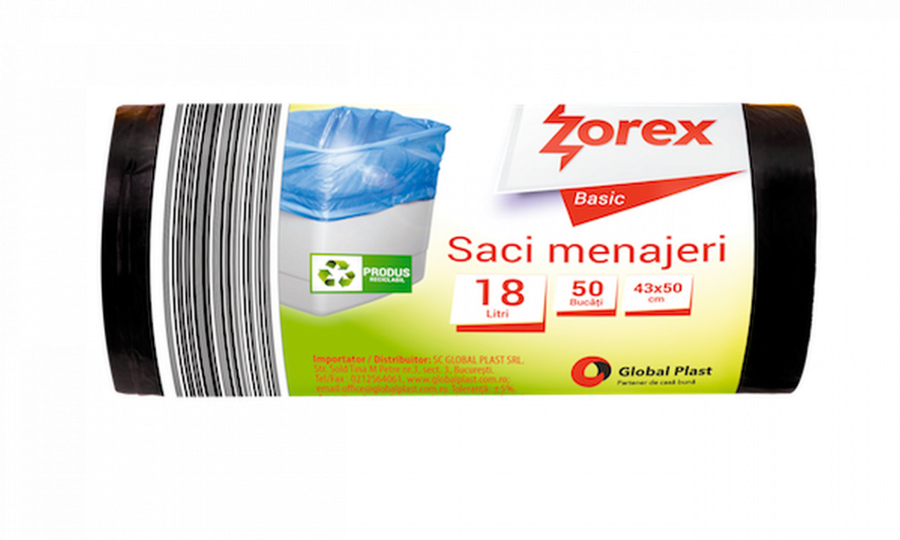 Saci menajeri Zorex Basic, 18L, negru, 50 buc/rola